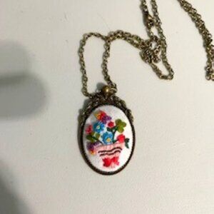 Handmade embroidered floral basket necklace